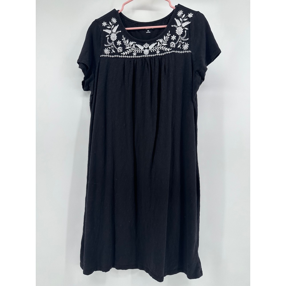 Kim Rogers Womens XL Black Cotton Floral‎ Embroidered Short Sleeve Knit Dress